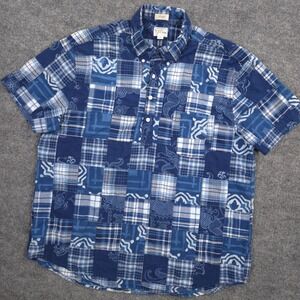 J Crew Popover Shirt Mens L Blue Indian Madras Indigo Dyed Patchwork Classic Fit